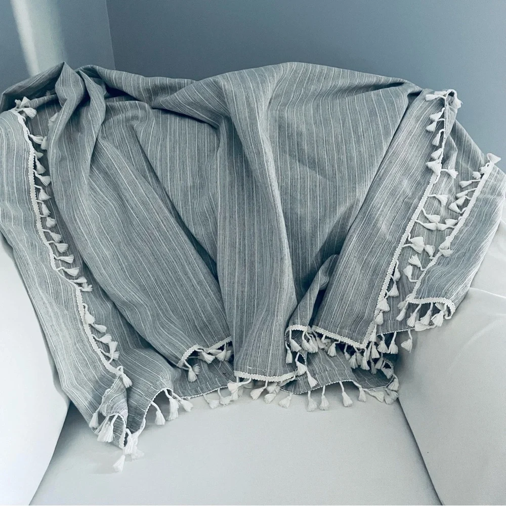 Boho Fringe tassel woven Gray and white stripes Tablecloth or throw blanket